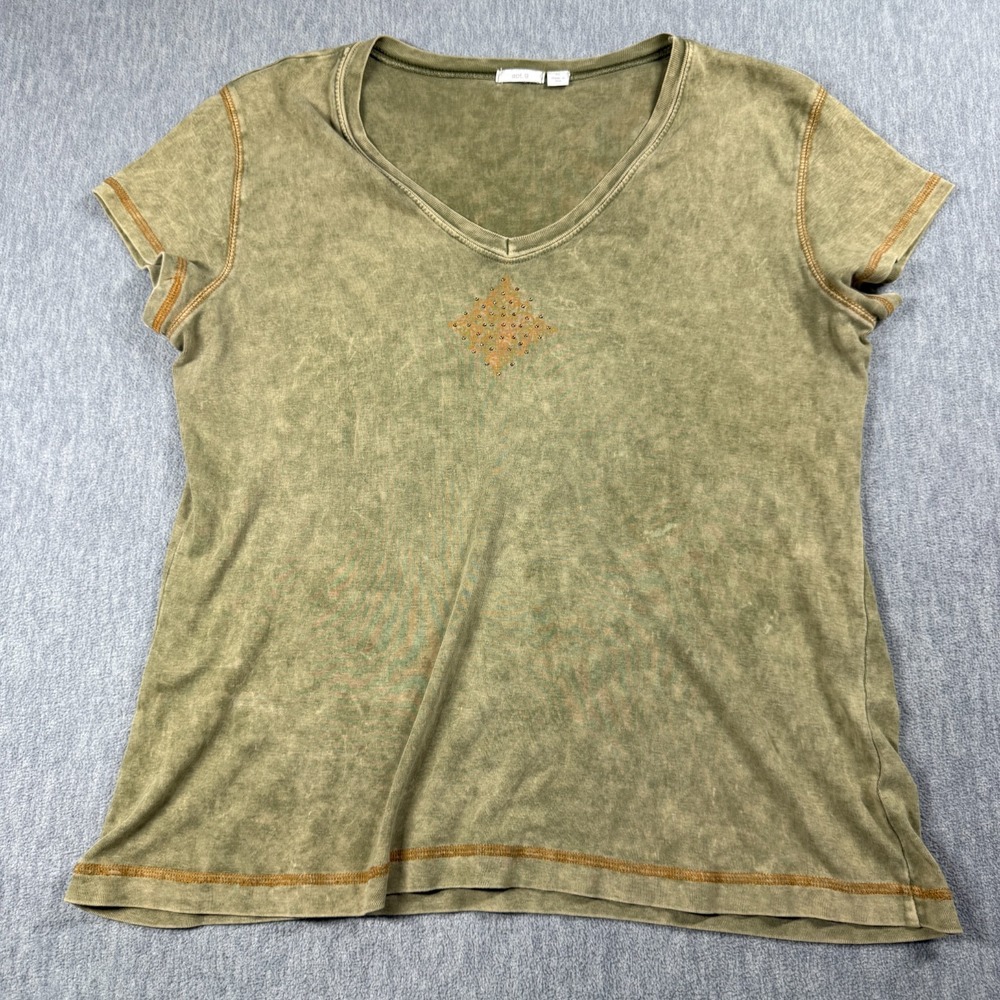 Apt. 9 Shirt Womens XL Olive Green Acid Wash V-Neck Studded Short Sleeve Top